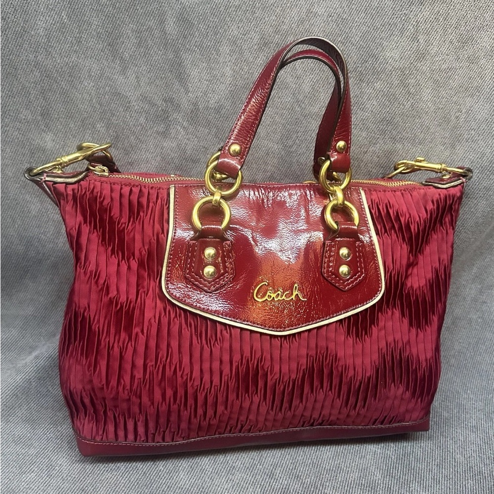 Coach Ashley Gathered Satin And Patent Satchel Carryall Bag in Bordeaux Red